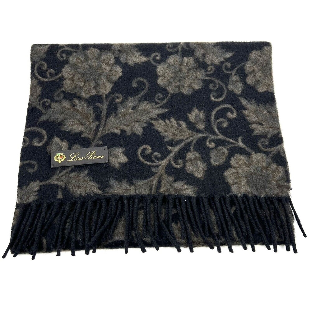Loro Piana 100% Cashmere Floral Fringe Scarf Black